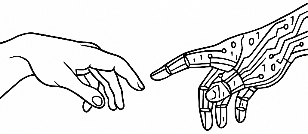 Human and robotic hands almost touching, representing human-AI symbolic symbiosis